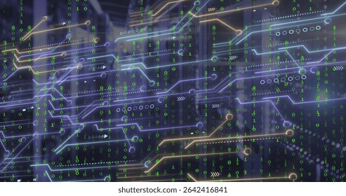 Showing circuit board lines nodes green binary bits and arrows overlaying datacenter server racks. Technology, cybersecurity, data, digital, innovation, networking, infrastructure