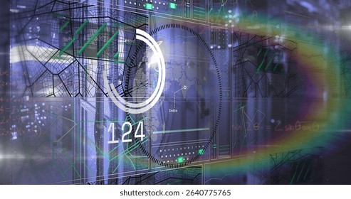 Showing circular gauge reading 124 on skyline HUD, with gridlines, world map, schematics, lensflare. Futuristic, data, technology, urban, analytical, digital, visualization - Powered by Shutterstock - Get 15% off with code: PIKWIZARD15