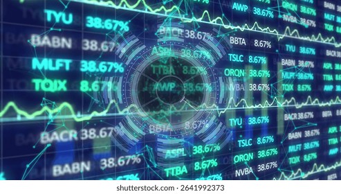 Showing circular holographic HUD glowing on trading dashboard, displaying ticker symbols and graphs. Futuristic, technology, data, interface, digital, analysis, holographic - Powered by Shutterstock - Get 15% off with code: PIKWIZARD15