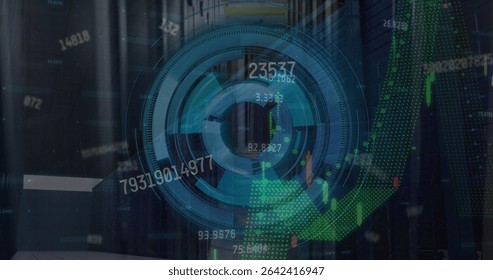 Showing circular HUD element floating in server room, with candlestick bars and line graphs. Futuristic, interface, data visualization, digital, analytics, technology, high-tech