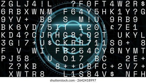 Showing cloud sync icon glowing in UI environment, with turquoise ring and alphanumeric characters. Technology, cybersecurity, data, network, digital, futuristic, abstract