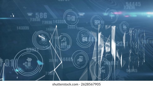 Showing cluster of holographic finance icons linking in virtual 3D hub, with piggy bank coin stacks. Technology, data visualization, digital finance, innovation, connectivity, futuristic, analytics