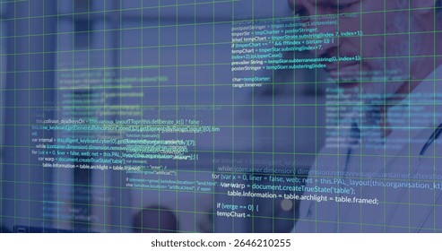 Showing code panels over collared shirt developer in office, green grid of colored code, copy space. Technology, innovation, software, digital, futuristic, programming, data