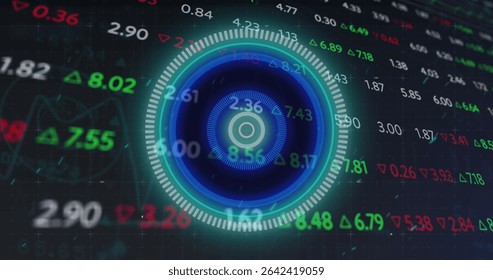 Showing concentric HUD rotating readouts on computer screen, with green, red triangles, waveforms. Data visualization, financial technology, dashboard interface, analytics, real-time monitoring, - Powered by Shutterstock - Get 15% off with code: PIKWIZARD15