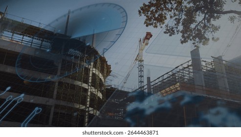 Showing concrete building rising at urban site with tower crane scaffolding and blueprint overlay. Industrial, engineering, architecture, construction, modernization, infrastructure, technical