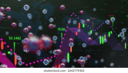 Showing coronavirus particles floating over interface, with candlestick bars, magenta trend line. Finance, data visualization, digital art, market analytics, technology, business, infographic