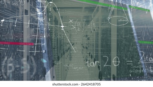 Showing corridor processing data at data center with server racks, math graphs and code overlays. Technology, data, analytics, cybersecurity, network, digital, futuristic - Powered by Shutterstock - Get 15% off with code: PIKWIZARD15