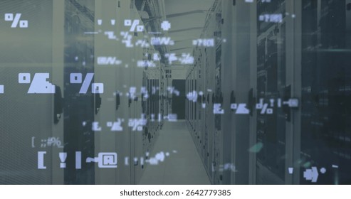 Showing corridor running through data center, with server racks, switches, cables, overlays. Technology, infrastructure, data, cybersecurity, network, server, digital