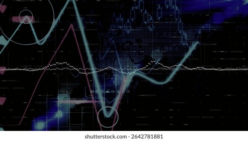 Showing cyan waveform pulsating on dashboard, with dotted white line, pink triangular waveform. Technology, data, analytics, visualization, digital, abstract, futurism - Powered by Shutterstock - Get 15% off with code: PIKWIZARD15
