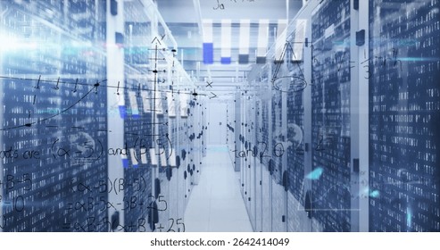 Showing data center aisle flowing with binary and math overlays, with glass-door server racks. Futuristic, technology, data, cybersecurity, digital, network, industrial