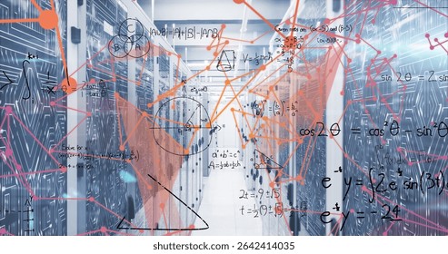 Showing data center aisle hosting server racks, with network cables, LEDs, geometric, trig overlays. Technology, data, digital, innovation, network, connectivity, futuristic