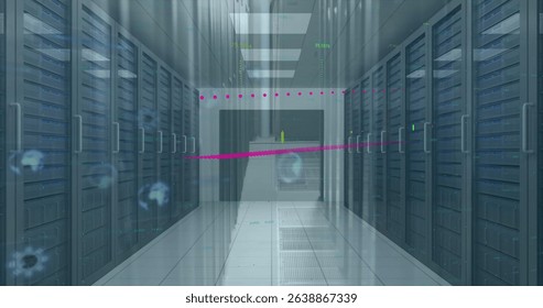 Showing data center aisle with server cabinets featuring cable handles, vents, LED panels, overlay. Technology, cybersecurity, digital, innovation, industrial, futuristic, network