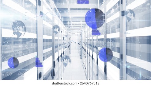 Showing data center corridor featuring floating data nodes, with server racks and network cables. Technology, data, infrastructure, digital, networking, futuristic, industrial