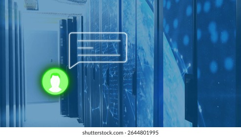 Showing data center server rack aisle in corridor, with floating user avatar and network graphics. Technology, data, cybersecurity, digital infrastructure, networking, communication, innovation