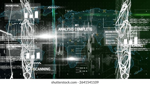 Showing data hub projecting world map in control panel, with scanning bars and wireframe structures. Futuristic, technology, interface, analytics, cybersecurity, digital, network