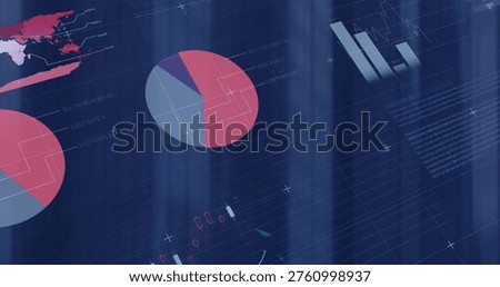 Showing data panel with pie chart and left partial pie, top-right bar chart, top-left map inset. Dashboard, analytics, visualization, metrics, interface, candlestick, geospatial