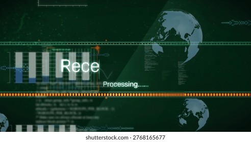 Showing data processing on UI vertical bars Rece or Proc label, orange strip, two globes, code grid. Dashboard, interface, visualization, telemetry, monitor, digital, neon - Powered by Shutterstock - Get 15% off with code: PIKWIZARD15