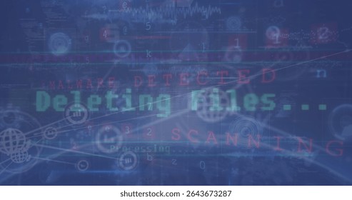 Showing deleting files on virtual interface, with red malware warnings, globe icons, scanning lines. Cybersecurity, data visualization, digital interface, network security, digital protection, - Powered by Shutterstock - Get 15% off with code: PIKWIZARD15