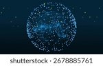 Showing digital globe floating in virtual display with glowing blue and yellow nodes, network lines. Technology, digital, futuristic, network, connectivity, innovation, data