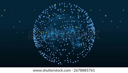 Showing digital globe floating in virtual display with glowing blue and yellow nodes, network lines. Technology, digital, futuristic, network, connectivity, innovation, data