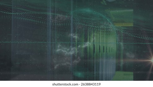 Showing digital globe sending teal data and waveforms in server room with blurred rack lens flare. Futuristic, technology, digital, innovation, cybersecurity, network, virtual