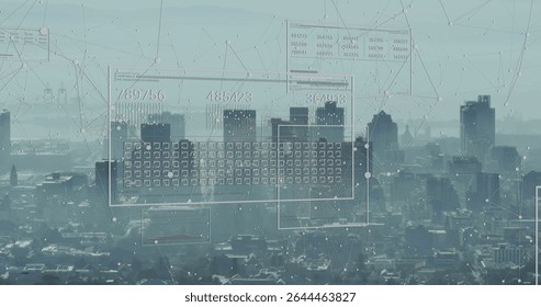 Showing digital interface overlaying skyline, featuring numeric grids and network nodes in haze. Futuristic, technology, cityscape, data visualization, innovation, urban, analytics
