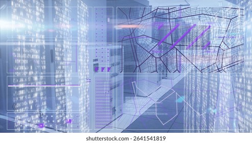 Showing digital UI panels overlaying server room, with LED racks, switch panels, map, code charts. Futuristic, technology, connectivity, data, cybersecurity, digital, innovation - Powered by Shutterstock - Get 15% off with code: PIKWIZARD15