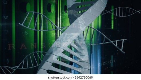 Showing DNA helix twisting in code grid with wireframes, spark effects, ransomware digital security. Biotech, cybersecurity, abstract, technology, innovation, futuristic, data