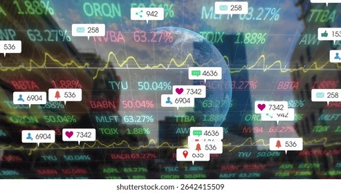 Showing Earth globe hovering over city skyline, displaying stock tickers, graphs and social icons. Digital finance, data visualization, global connectivity, social engagement, modern technology, - Powered by Shutterstock - Get 15% off with code: PIKWIZARD15