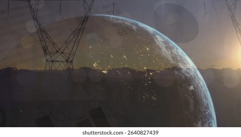 Showing Earth globe rising above horizon in space with power towers, line charts and crypto icon. Planetary, futuristic, technological, digital, innovation, connectivity, aerospace