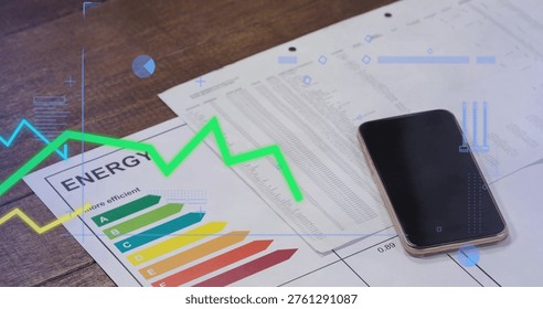 Showing efficiency chart and spreadsheet on wood desk, with smartphone and green-blue HUD overlay. Bargraph, report, data, phone, office, workstation, analytics
