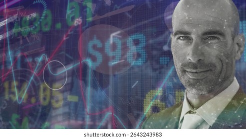 Showing executive in dark suit analyzing chart overlays in studio, with dollar symbol, copy space. Finance, professionalism, data visualization, technology, analytics, investment, corporate