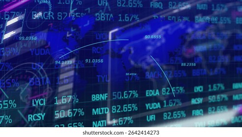 Showing financial market data overlay at desk monitors, with ticker symbols and world map graphic. Financial, technology, digital, data, analytics, global, investment