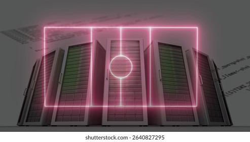 Showing five black server racks glowing with green-lit drives and neon pink overlay in data center. Technology, data, cybersecurity, futuristic, digital, innovation, network