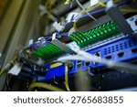Showing flat design fiber patch panel with green adapters and labeled cables in rack environment. Technology, networking, data, infrastructure, connectivity, industrial, cybersecurity