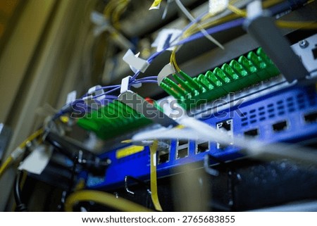 Showing flat design fiber patch panel with green adapters and labeled cables in rack environment. Technology, networking, data, infrastructure, connectivity, industrial, cybersecurity