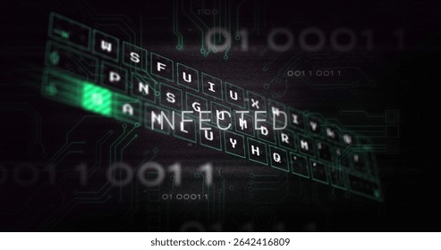 Showing floating keyboard with led keycaps glitching INFECTED text in digital matrix, binary code. Cybersecurity, hacking, digital, technological, futuristic, technical, innovation - Powered by Shutterstock - Get 15% off with code: PIKWIZARD15