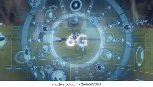 Showing futuristic 6G interface over grass field with concentric rings, globe icons and sports ball. Technology, innovation, digital, network, connectivity, modern, sleek