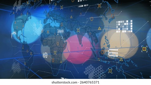 Showing global map in data hub with network lines connecting colored circles, grid blocks, markers. Geography, innovation, technology, abstraction, connectivity, futuristic, information