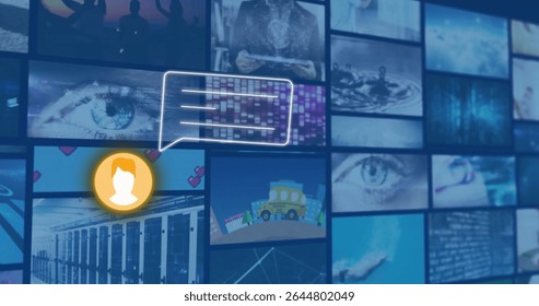 Showing glowing user avatar icon hovering at digital interface, with data code patterns. Technology, digital, futuristic, interface, data, innovation, control