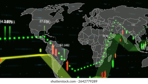 Showing gray world map data dashboard, green dots, yellow channel, red and green bars, white labels. Futuristic, digital, analytics, technology, interface, data, abstract
