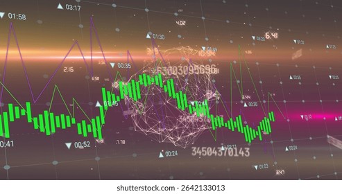 Showing green candlestick chart purple line graph in data UI, numeric grid labels, network sphere. Data analysis, visualization, digital interface, financial technology, scientific research,