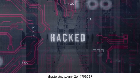 Showing HACKED overlay cutting across server aisle with racks, red circuit traces and binary digits. Cybersecurity, digital, technology, data, network, innovation, security