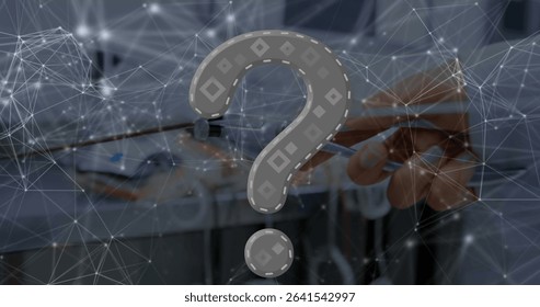 Showing hand plugging network connector with pliers in rack with question mark digital node overlay. Technology, cybersecurity, innovation, connectivity, infrastructure, digital, engineering - Powered by Shutterstock - Get 15% off with code: PIKWIZARD15