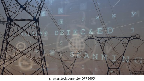 Showing high-voltage towers stretching across rural corridor at dusk with malware scanning overlays. Industrial, technology, cybersecurity, infrastructure, digital, innovation, connectivity