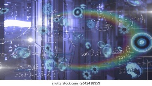 Showing holograms in server room, with cabinets, formulas, infographics, diagrams, map and flares. Futuristic, innovation, digital, data, immersive, analytical, cybernetic