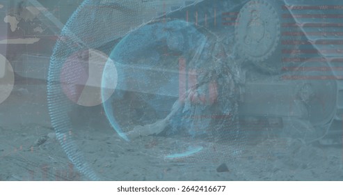 Showing holographic globe projecting data rings on rocky crash site, with gear fragments and cables. Futuristic, technology, digital, interface, sci-fi, innovation, data visualization