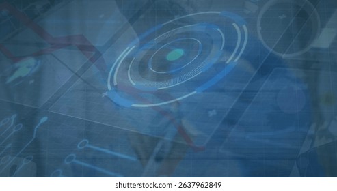 Showing HUD dashboard over boardroom, with red trend bar charts, profile icons and grid connections. Futuristic, technology, analytics, interface, digital, innovation, data visualization