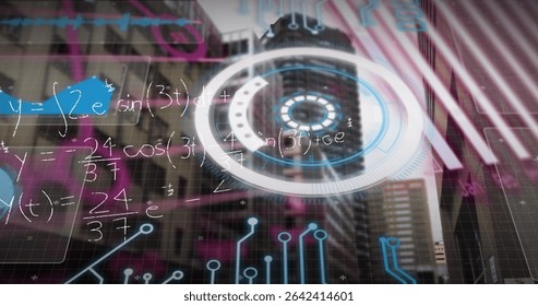 Showing HUD displaying equations, circuit traces and waveforms on office facade in city center. Technology, innovation, futuristic, interface, digital, urban, science
