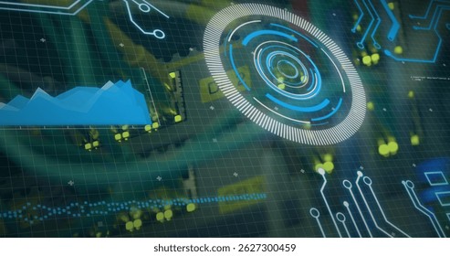 Showing HUD element on screen with blue area chart, glowing nodes, dotted lines, circuit traces. Futuristic, digital, technology, data visualization, interface, innovation, cybersecurity